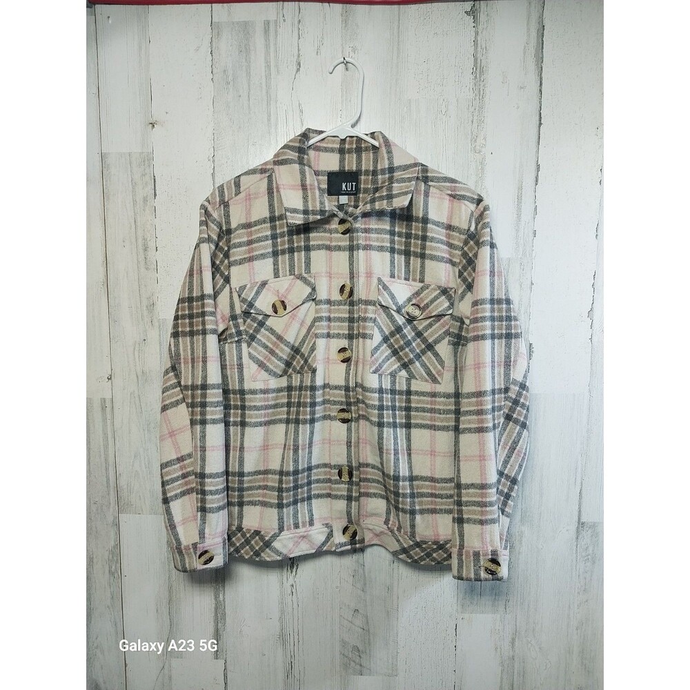 Kut From The Kloth Pink Gray Plaid Shirt Jacket Size Medium